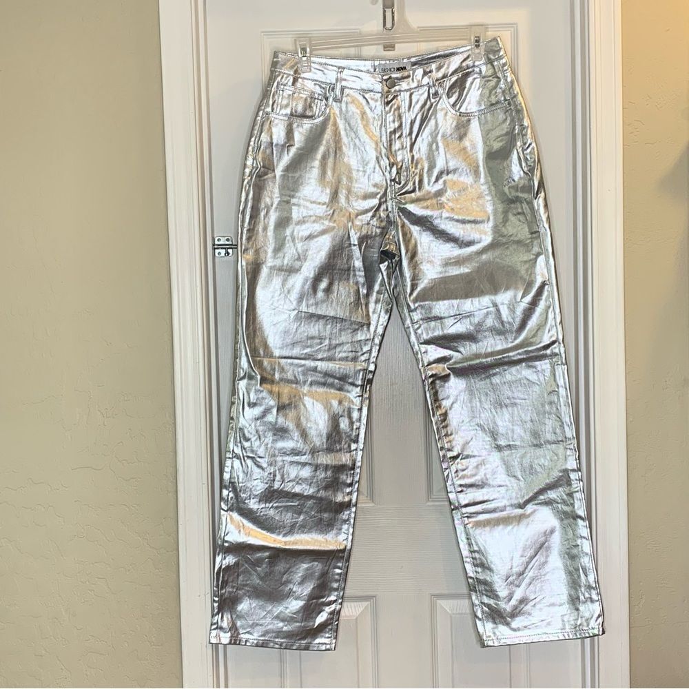 Fashion Nova Felt A Spark Metallic Straight Leg Pants Size 15 Silver